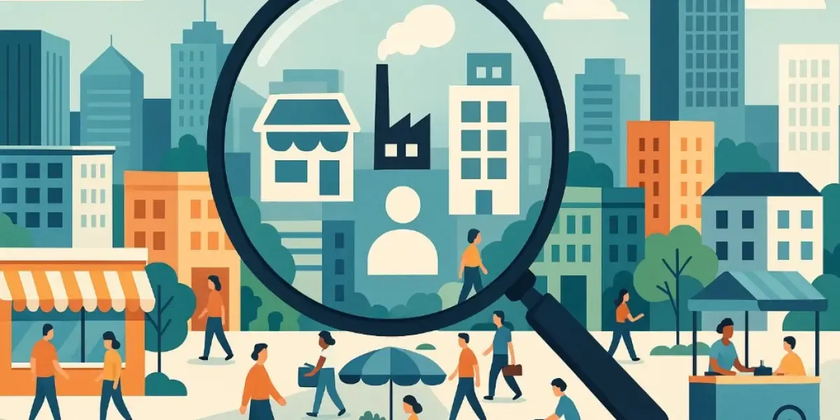 Ilustración que muestra una ciudad con edificios y personas caminando, con una lupa en el centro que enfoca y resalta un negocio, una fábrica y una figura humana, simbolizando la investigación económica o el censo empresarial