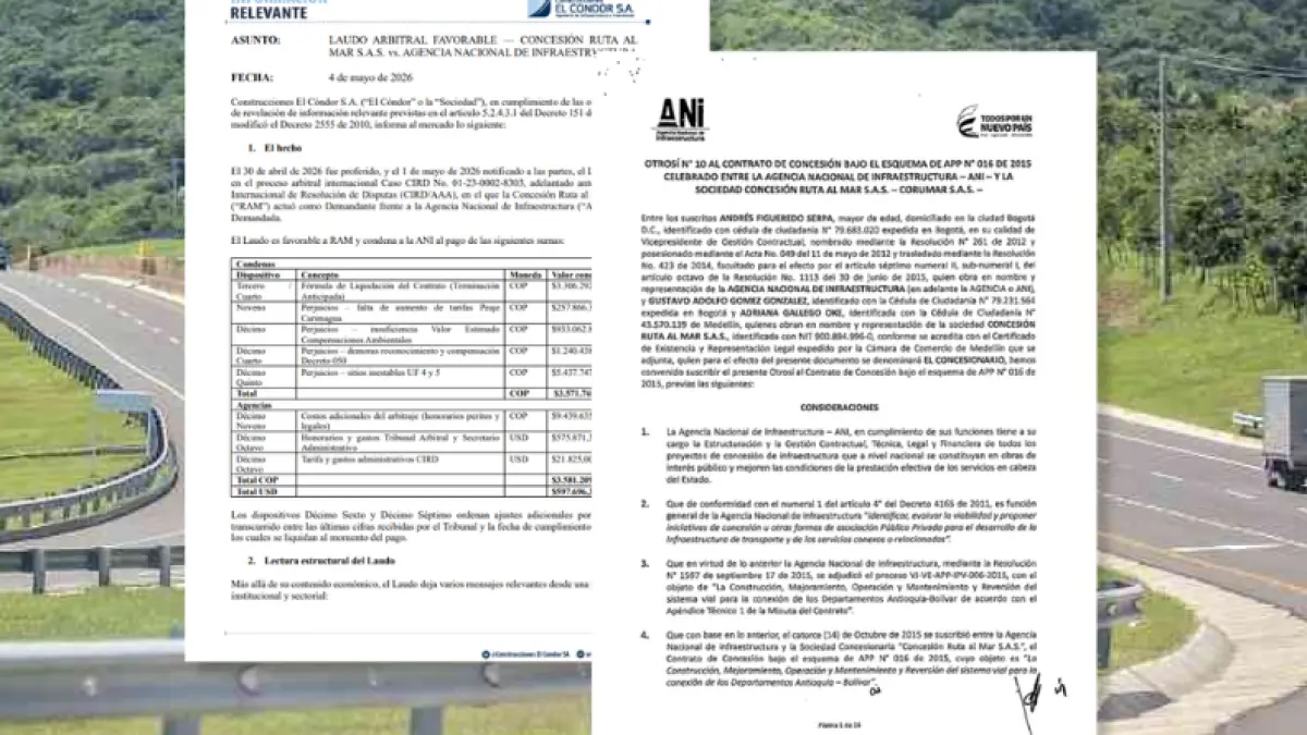 La ANI (@ani_colombia) deberá pagar $3,57 billones a Ruta al Mar por incumplimientos en concesión de 500 kilómetros

Construcciones El Cóndor recuperaría su inversión tras tres años de disputa por la concesión Antioquia-Bolívar.

Detalles ⬇️