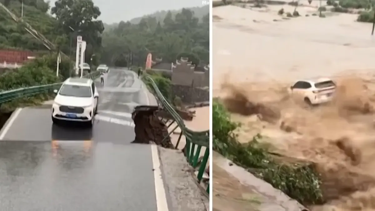 Salió del auto segundos antes de que el río se lo tragara: el video que conmocionó a China y recorrió el mundo